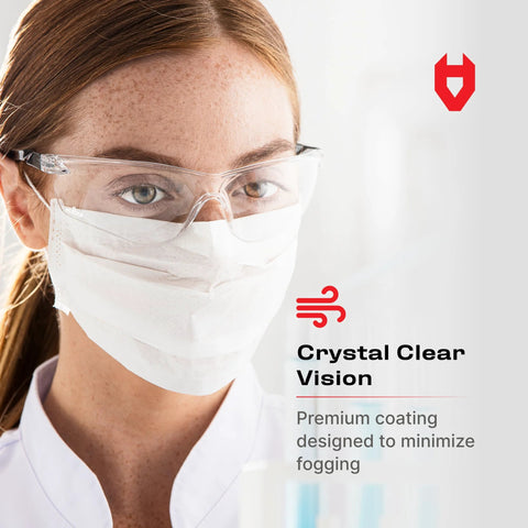 Close-up of person wearing ANSI Z87.1 Safety Glasses With Scratch Resistant Coating Clear UV Protection with face mask
