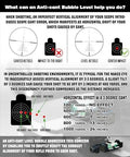 Infographic on anti-cant bubble level benefits, illustrating error correction and effects on shooting accuracy using diagrams and examples.