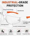 Anti Fog ANSI Z87.1 Safety Glasses For Construction And Woodworking Unisex with wraparound design and soft silicone temples