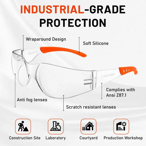 Anti Fog ANSI Z87.1 Safety Glasses For Construction And Woodworking Unisex with wraparound design and soft silicone temples