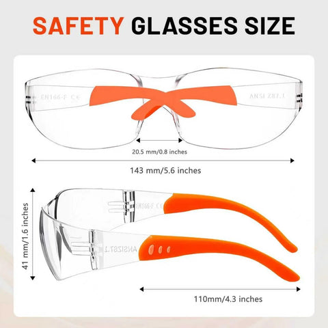 Anti Fog ANSI Z87.1 Safety Glasses For Construction And Woodworking Unisex with size dimensions and orange silicone temples.