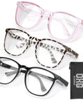 Three pairs of anti-fog safety glasses with blue light blocking UV protection for women, featuring pink, leopard print, and black frames in a 3-pack.