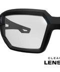 Close-up of Anti Fog Clear Lens Safety Glasses With Ventilated Temples And Scratch Resistant, showing black frame and clear lens