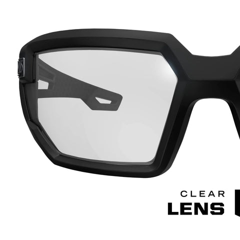 Close-up of Anti Fog Clear Lens Safety Glasses With Ventilated Temples And Scratch Resistant, showing black frame and clear lens