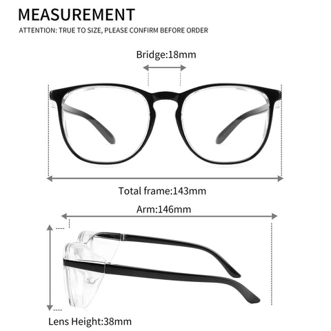 Anti Fog Safety Glasses TR90 Frame With UV 99 Percent And Blue Light Blocking measurements with total frame 143mm