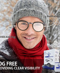 Smiling person demonstrating Anti Fog Glasses Wipes Pack 120 PreMoistened Lens Cleaner For Glasses Sunglasses in snowy weather