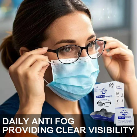 Woman using Anti Fog Glasses Wipes Pack 120 PreMoistened Lens Cleaner For Glasses Sunglasses