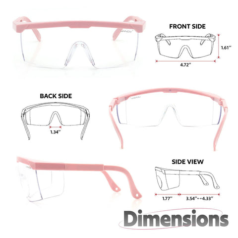 Anti Fog Safety Goggles 2 Pack With Adjustable Temples And Clear Lens ANSI Z87.1 shown with dimensions.