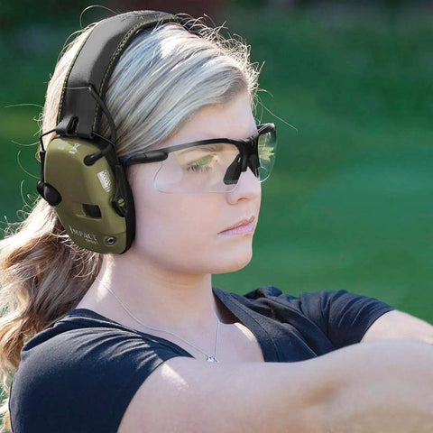 Woman wearing Anti Fog Hunting Glasses With Case For Adults UV400 Wraparound Safety Glasses during outdoor target practice