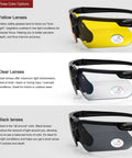Anti Fog Hunting Glasses With Case For Adults UV400 Wraparound Safety Glasses in three lens colors: yellow, clear, black.