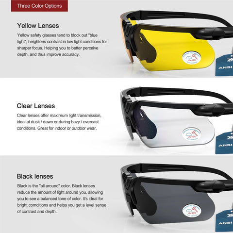 Anti Fog Hunting Glasses With Case For Adults UV400 Wraparound Safety Glasses in three lens colors: yellow, clear, black.