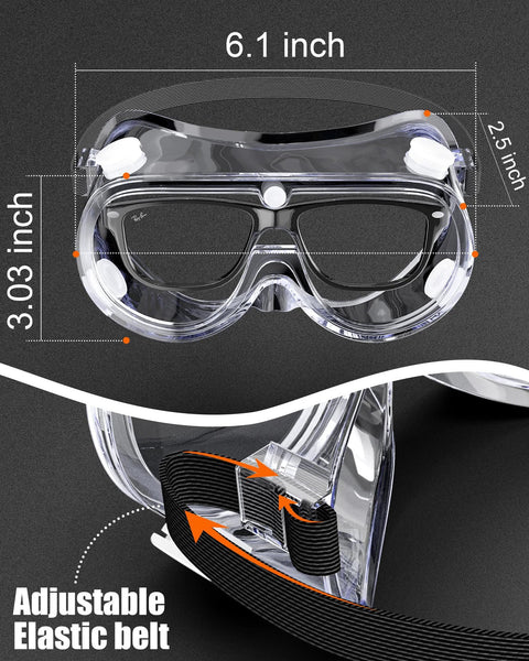 Anti-Fog Indirectly Vented Lab Goggles Over Glasses with Adjustable Elastic Belt, 6.1 inch width