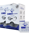 Anti Fog Lens Wipes For Glasses And Sunglasses And Screens 240 Count packaging with individual wipe packet visible.