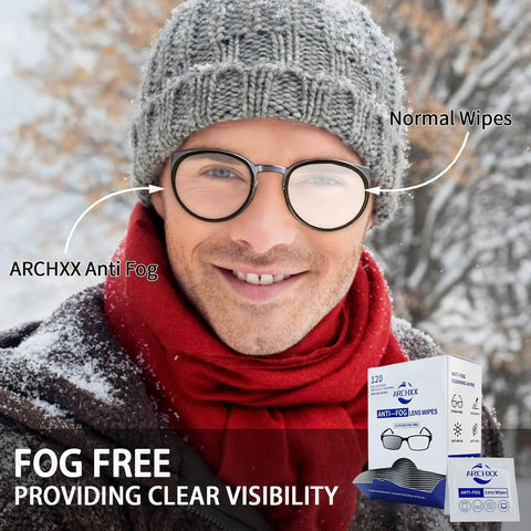Person wearing glasses with clear lenses using Anti Fog Lens Wipes For Glasses And Sunglasses And Screens 240 Count, showing no fog effect.