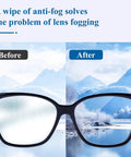 Anti Fog Lens Wipes 200 Count Pre Moistened Glasses Screen Cleaner Portable showing before and after effect on glasses