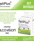 Packaging of OptiPlus Anti Fog Pre Moistened Wipes For Glasses And Screens Scratch Free 100 Count