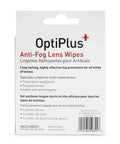 Packaging of Anti Fog Pre Moistened Wipes For Glasses And Screens Scratch Free 100 Count, OptiPlus brand in English and French.