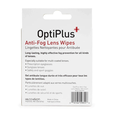 Packaging of Anti Fog Pre Moistened Wipes For Glasses And Screens Scratch Free 100 Count, OptiPlus brand in English and French.