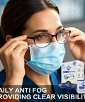 Woman wearing glasses and face mask using Anti Fog Lens Wipes For Glasses And Sunglasses And Screens 240 Count with packaging visible