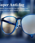 Blue glasses with clear lenses demonstrating anti-fog effect, highlighting use of Anti Fog Lens Wipes 200 Count Pre Moistened Glasses Screen Cleaner Portable.