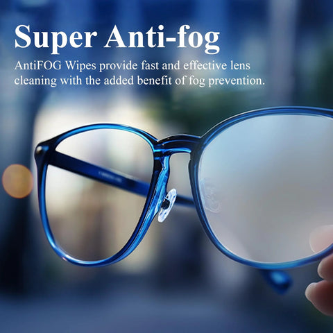 Blue glasses with clear lenses demonstrating anti-fog effect, highlighting use of Anti Fog Lens Wipes 200 Count Pre Moistened Glasses Screen Cleaner Portable.