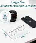 Large Anti-Fog Lens Wipes 12x12cm, 100 Count, Individually Wrapped for Glasses, shown with glasses and smartphone on desk