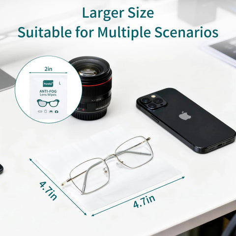 Large Anti-Fog Lens Wipes 12x12cm, 100 Count, Individually Wrapped for Glasses, shown with glasses and smartphone on desk