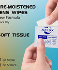 Hand holding a packet of Anti Fog Lens Wipes For Glasses And Sunglasses And Screens 240 Count, labeled soft tissue and anti-fog.