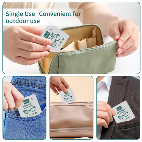 Person placing Large Anti-Fog Lens Wipes 12x12cm, 100 Count, Individually Wrapped for Glasses in pockets and a bag.