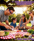 Family wearing Anti Fog Onion Goggles With Ultra Light Frame For Tear Free Cooking Purple, enjoying outdoor picnic and slicing onions.