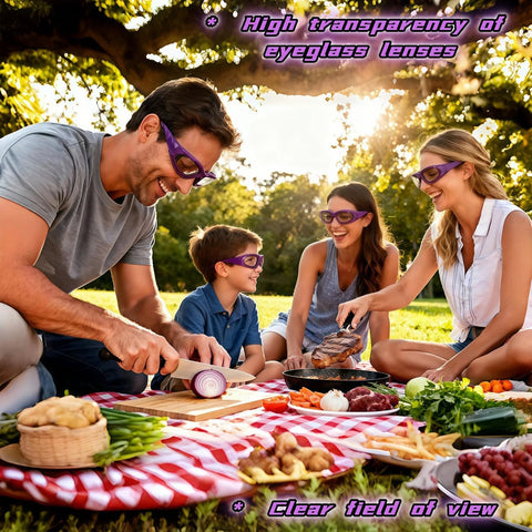 Family wearing Anti Fog Onion Goggles With Ultra Light Frame For Tear Free Cooking Purple, enjoying outdoor picnic and slicing onions.