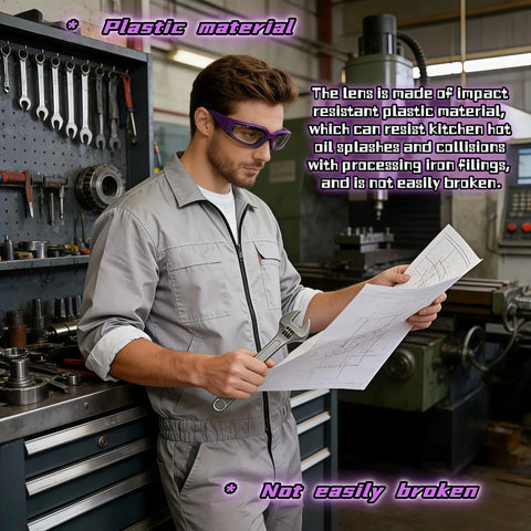 Man wearing Anti Fog Onion Goggles With Ultra Light Frame For Tear Free Cooking Purple in a workshop reading a blueprint.