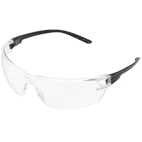 Anti Fog Safety Glasses 12 Pack With UV Protection And Scratch Resistant Lenses, clear frame, black arms, side view.