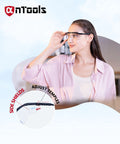 Woman adjusting Anti Fog Safety Glasses With Adjustable Temples ANSI Z87 Plus Clear Eyewear, showing side shields and temple mechanism.
