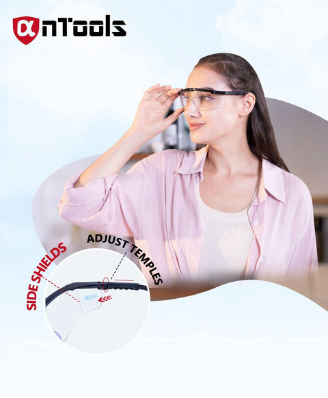 Woman adjusting Anti Fog Safety Glasses With Adjustable Temples ANSI Z87 Plus Clear Eyewear, showing side shields and temple mechanism.