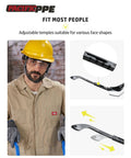 Man wearing hard hat and 2 Pack Anti Fog Safety Glasses For Men And Women With ANSI Z87 UV Protection, adjustable temples shown