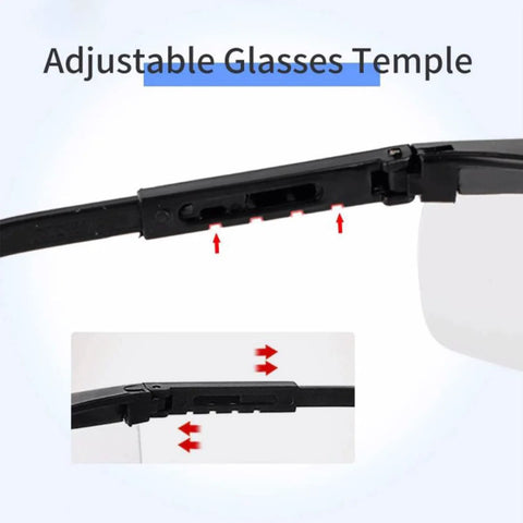 Close-up of adjustable temple on Anti Fog Safety Glasses Clear Goggles Over Spec Protective Eyewear Vision 4 Pack