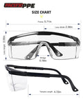 2 Pack Anti Fog Safety Glasses For Men And Women With ANSI Z87 UV Protection, detailed size chart with frame and lens dimensions