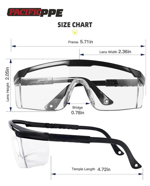 2 Pack Anti Fog Safety Glasses For Men And Women With ANSI Z87 UV Protection, detailed size chart with frame and lens dimensions