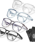 4 Pack Anti Fog Safety Glasses With Blue Light Blocking Lenses For Women Men in assorted frames and included carrying pouches