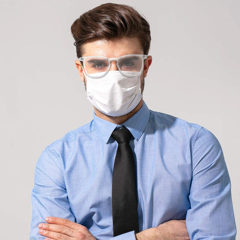 Man wearing Clear Anti Fog Safety Glasses With Anti Scratch ANSI Z87 1 Blue Light Blocking, dressed in a blue shirt and black tie.