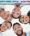 Group wearing 4 Pack Anti Fog Safety Glasses With Blue Light Blocking Lenses For Women Men, showing different colors