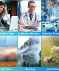 Collage of anti blue light eyewear, healthcare workers, lab techs, dust, fog, and pollen protection, highlighting versatility of 4 Pack Anti Fog Safety Glasses Z87 Plus Blue Light Blocking Eyewear For Nurses