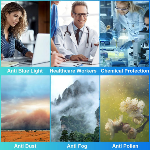Collage of anti blue light eyewear, healthcare workers, lab techs, dust, fog, and pollen protection, highlighting versatility of 4 Pack Anti Fog Safety Glasses Z87 Plus Blue Light Blocking Eyewear For Nurses
