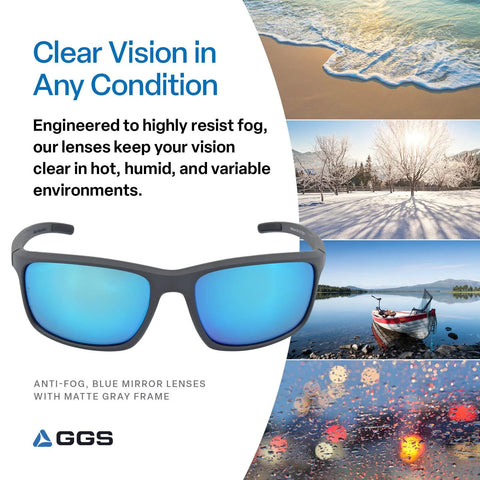 Crevalle Anti Fog Safety Glasses With UV Protection And Blue Mirror Lens displayed with diverse weather visuals