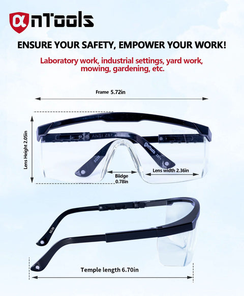 Anti Fog Safety Glasses With Adjustable Temples ANSI Z87 Plus Clear Eyewear dimensions and frame details.
