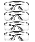 Stack of four clear anti fog safety glasses goggles with polycarbonate lenses and adjustable temples, over spec protective eyewear.