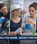 People wearing Anti Fog Safety Glasses for Men and Women with Clear Lenses and Non Slip Shields in various work settings