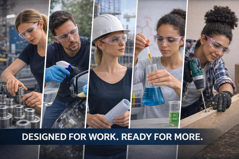 People wearing Anti Fog Safety Glasses for Men and Women with Clear Lenses and Non Slip Shields in various work settings