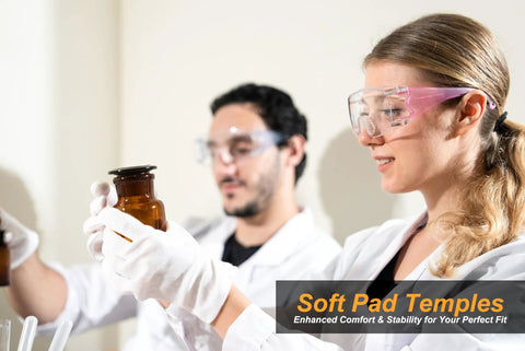 Laboratory scientists wearing Anti Fog Safety Glasses for Men and Women with Clear Lenses and Non Slip Shields, examining samples.